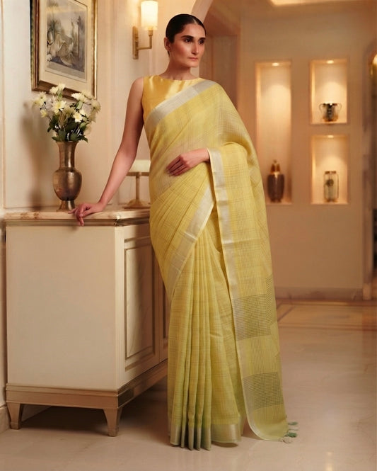 Zari Linen Checks Yellow Saree