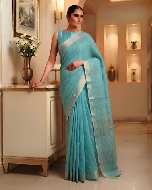 Zari Linen Checks Blue Saree