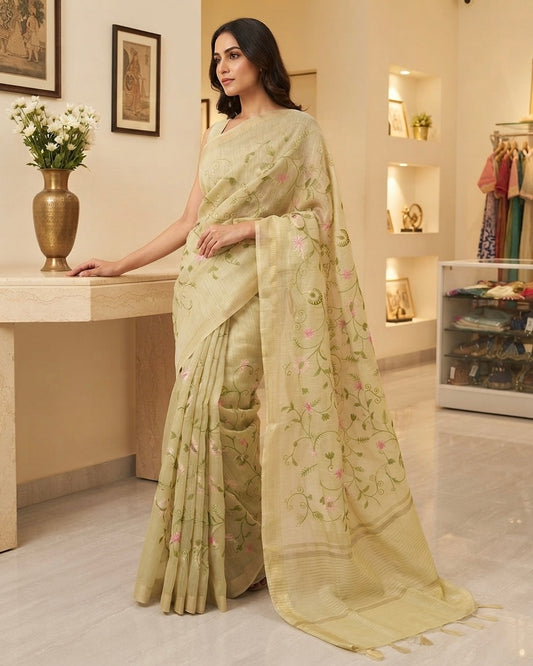 Silk Linen Emb Saree