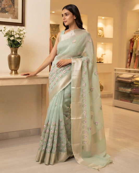 Silk Linen Emb Saree