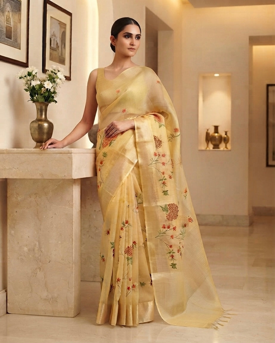 Silk Linen Emb Saree