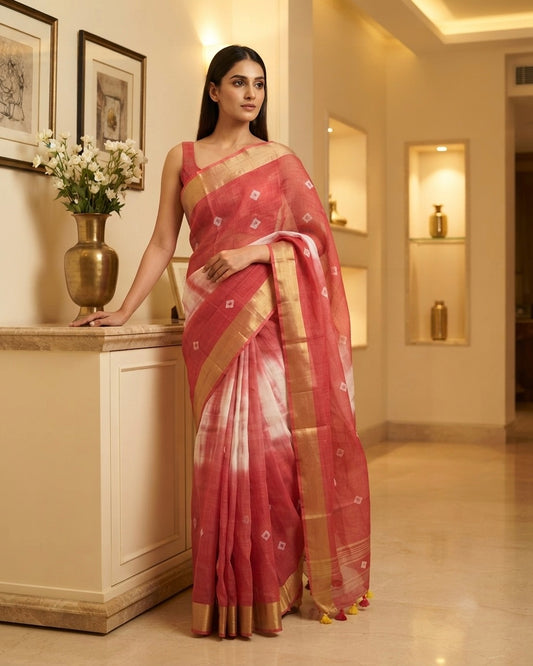 Pink Linen Shibhori Bandhini Saree
