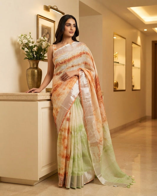 Green and Orange Linen Shibhori Saree