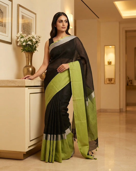 Green Black Linen Saree