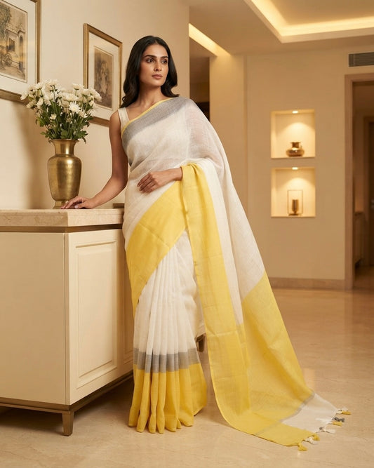 Yellow White Linen Saree