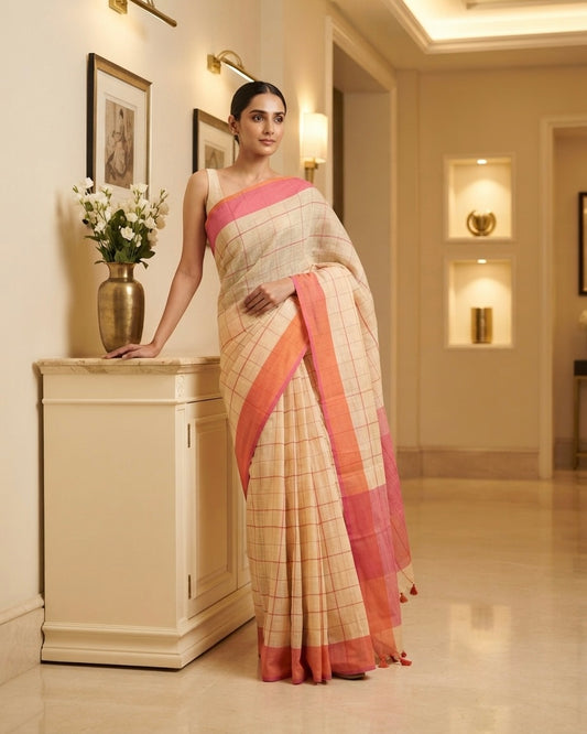 Peach Check Linen Saree