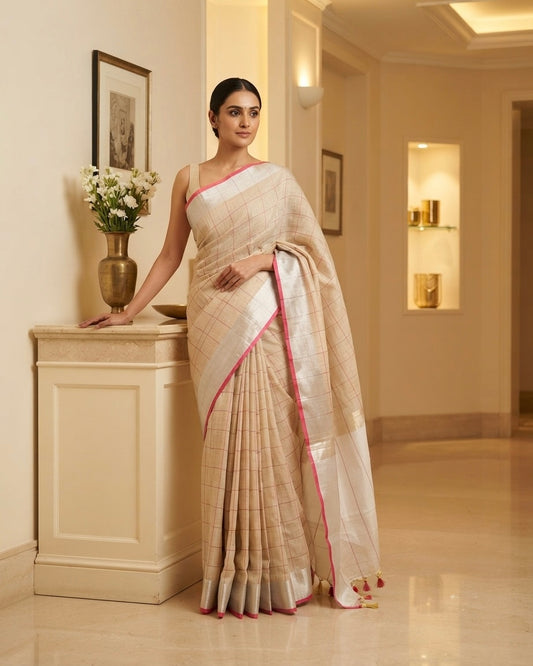 Tissue Linen Pink Border Saree