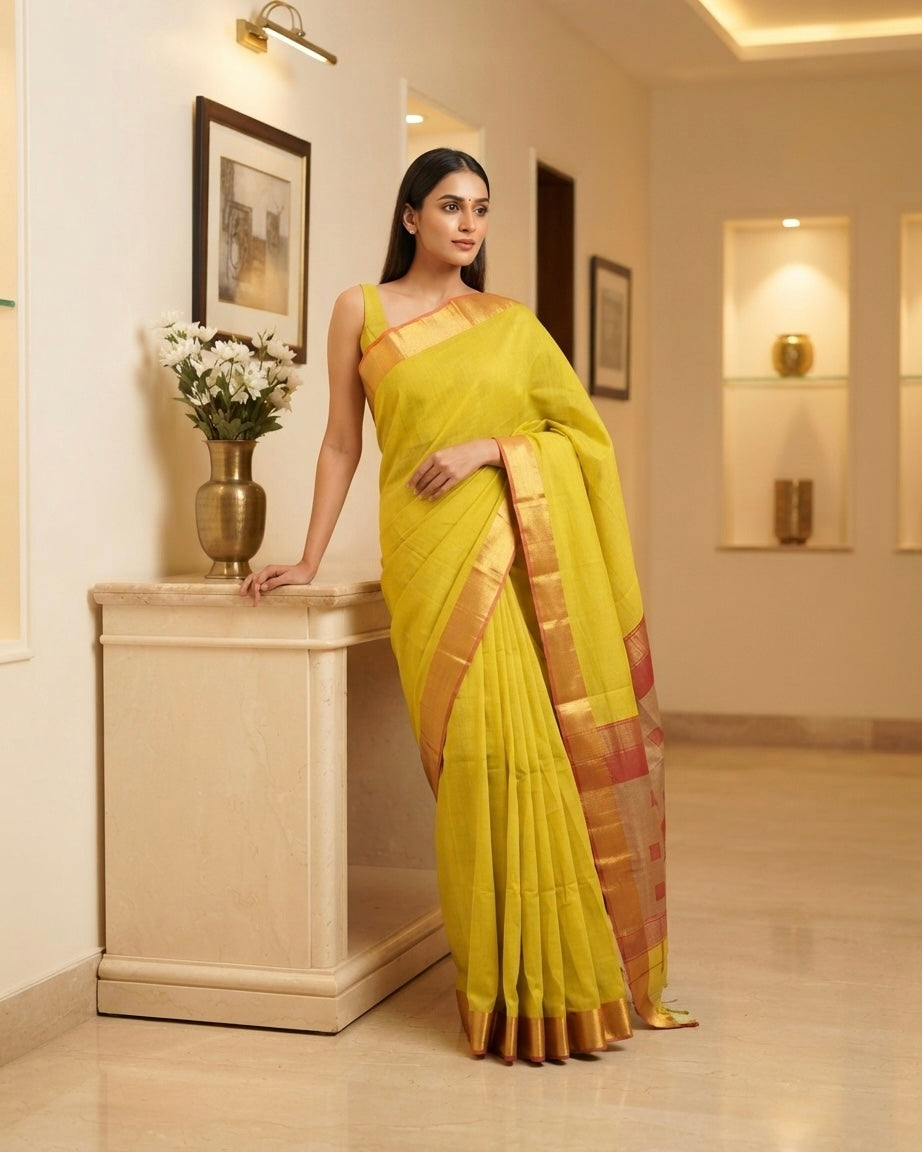 Maheshwari Tissue Buta Yellow Saree