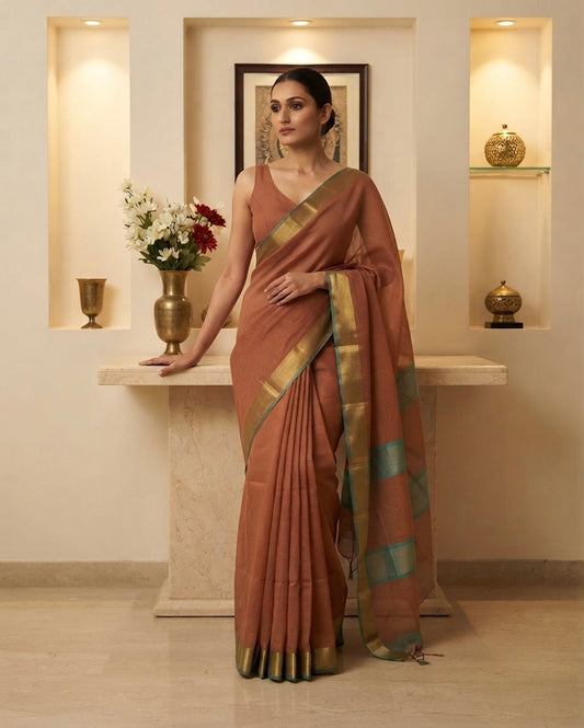 Maheshwari Check Body Brown Saree