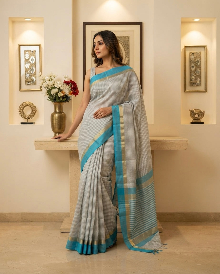 Maheshwari Check Body Saree Blue