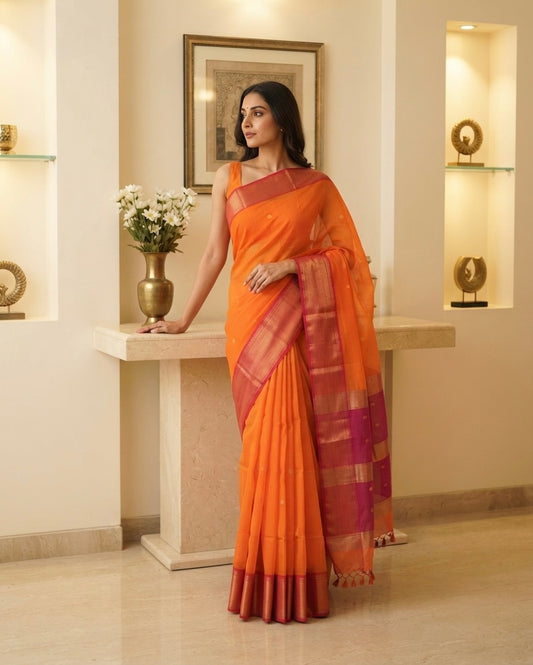 Maheshwari Buti Skirt Border Orange Saree