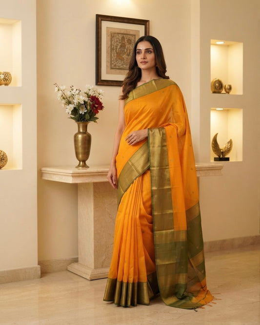 Maheshwari Buti Skirt Border Mustard Saree