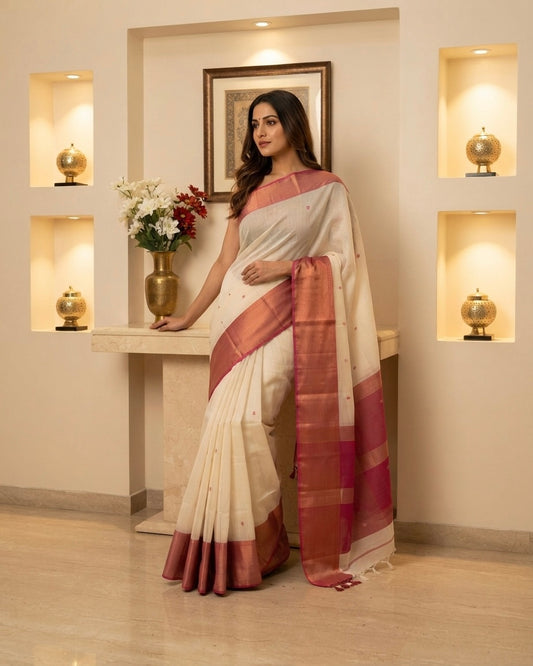 Maheshwari Buti Skirt Border Off-White Saree