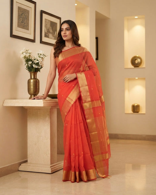 Maheshwari Triangle Buti Zari Border Coral Saree