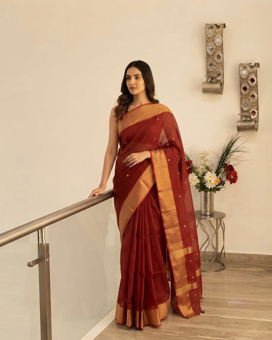 Maheshwari Triangle Buti Zari Border Rust Saree