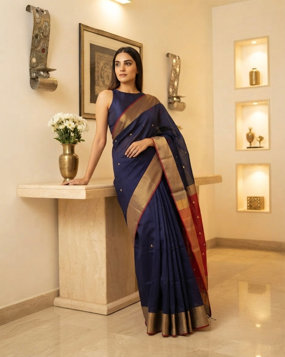 Maheshwari Triangle Buti Zari Border Blue Saree
