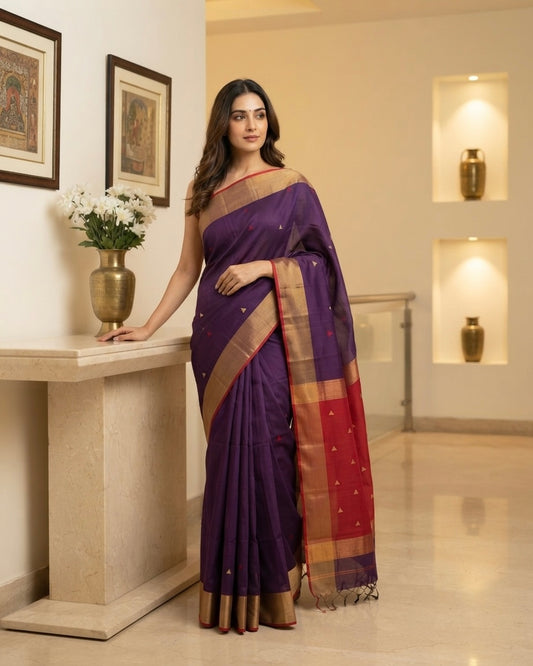 Maheshwari Triangle Buti Zari Border Purple Saree