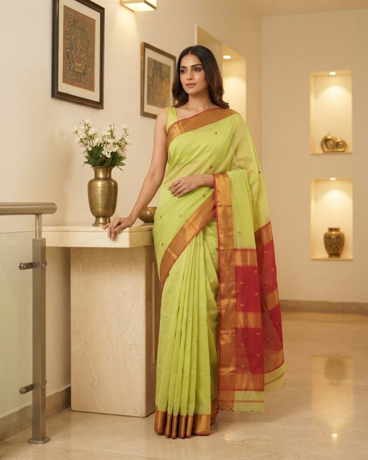 Maheshwari Zari Chatai Border Green Saree