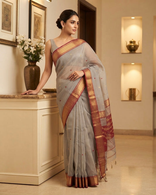 Maheshwari Vine Weaving Pallu Grey Saree