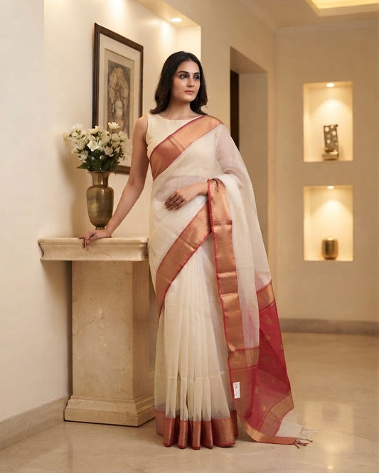 Maheshwari Patti Buta Off-White Saree