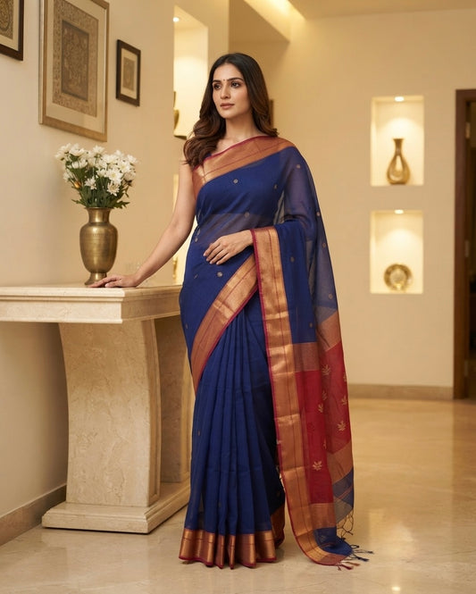 Maheshwari Patti Buta Blue Saree