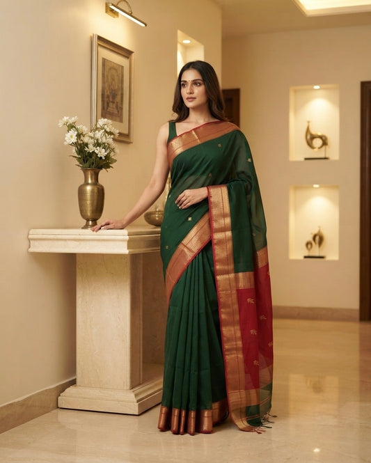 Maheshwari Patti Buta Green Saree