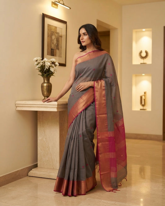 Maheshwari Buti Skirt Border Grey Saree