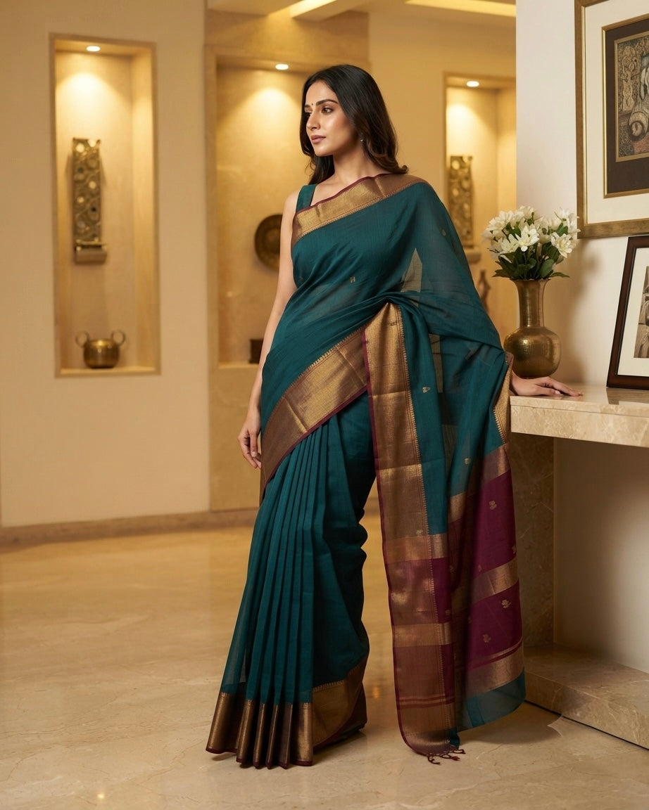 Maheshwari Buti Skirt Border  Peacock Green Saree