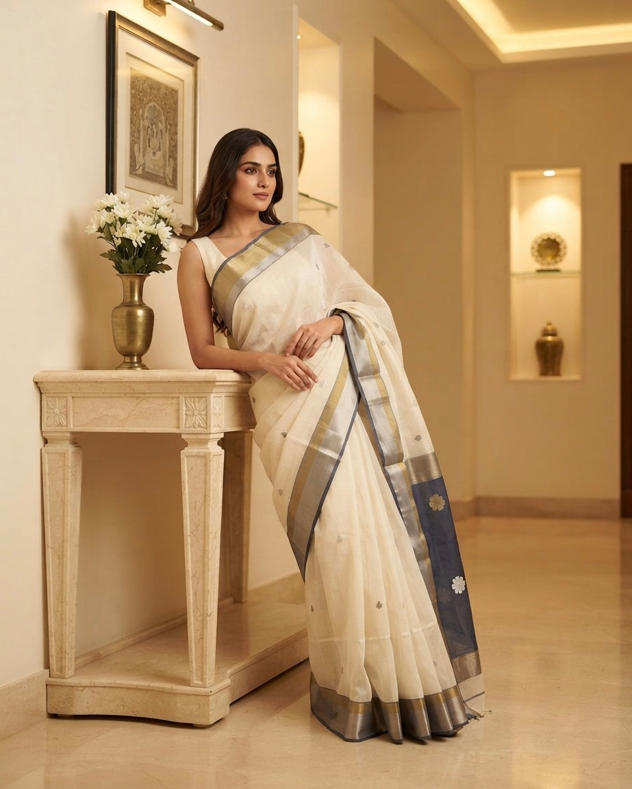 Maheshwari Floral with Silver Border Off-White Saree