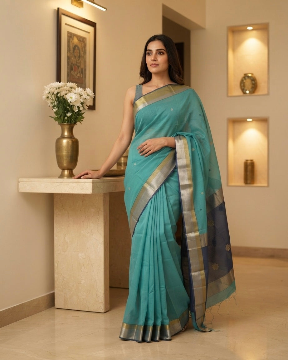 Maheshwari Floral with Silver Border  Blue Green Saree