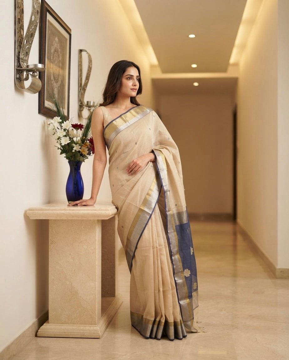 Maheshwari Floral with Silver Border Beige Saree
