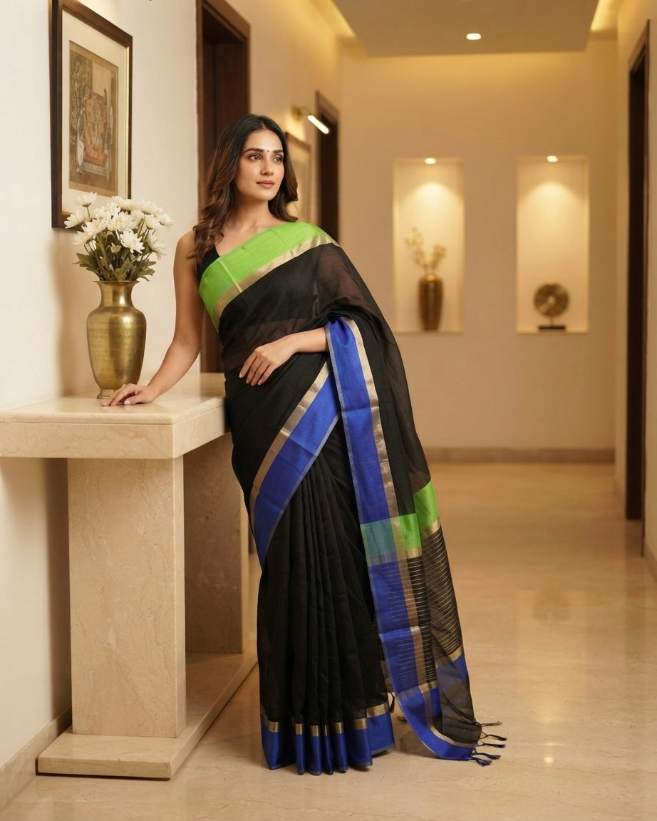 Maheshwari Ganga Jamuna Border Black-Green Saree