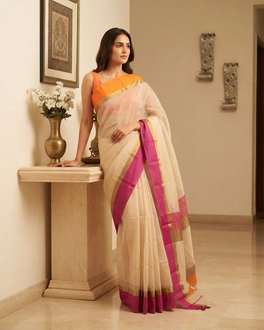 Maheshwari Ganga Jamuna Border Beige Saree