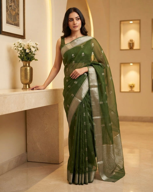 Chanderi Mercerised Silk Green Floral Saree