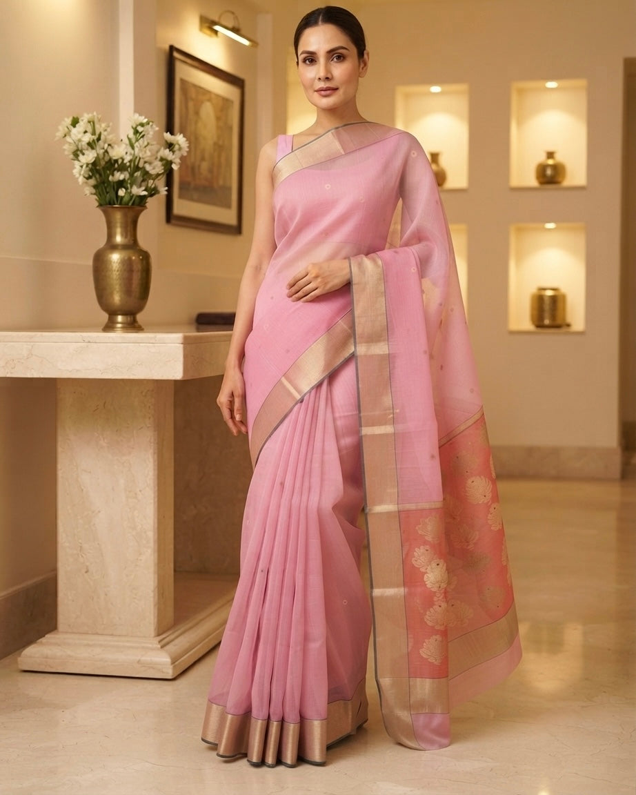 Chanderi Mercerised Mina Silk Pink Saree