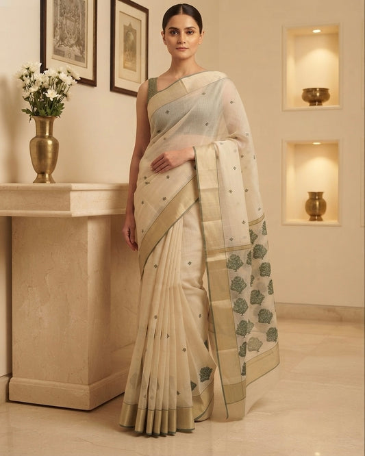 Chanderi Mercerised Mina Silk Beige-Green Saree