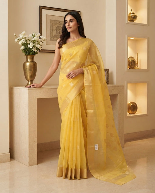 Chanderi Mercerised Silk Yellow Saree