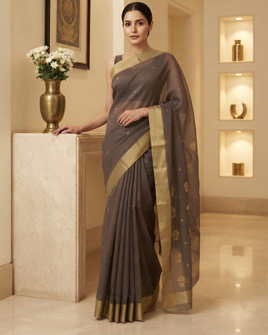 Chanderi Mercerised Silk Brown Saree