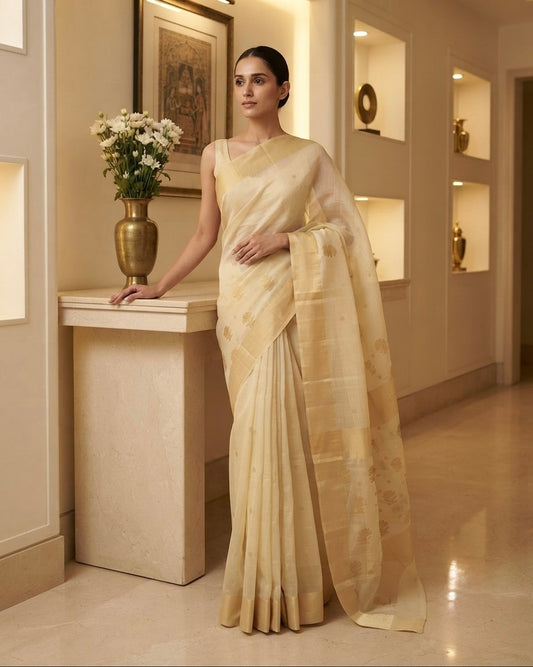 Chanderi Mercerised Silk Beige Saree