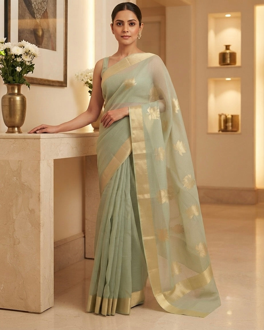 Chanderi Green Lotus Design Saree