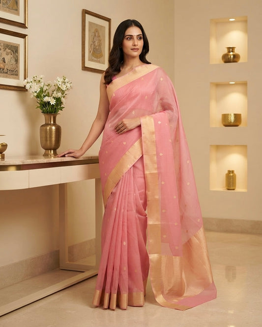 Chanderi Onion Pink Mercerised Cotton Silk Saree