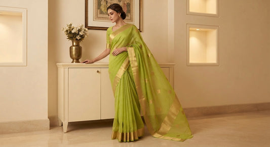 Chanderi Lime Green Mercerised Cotton Silk Saree