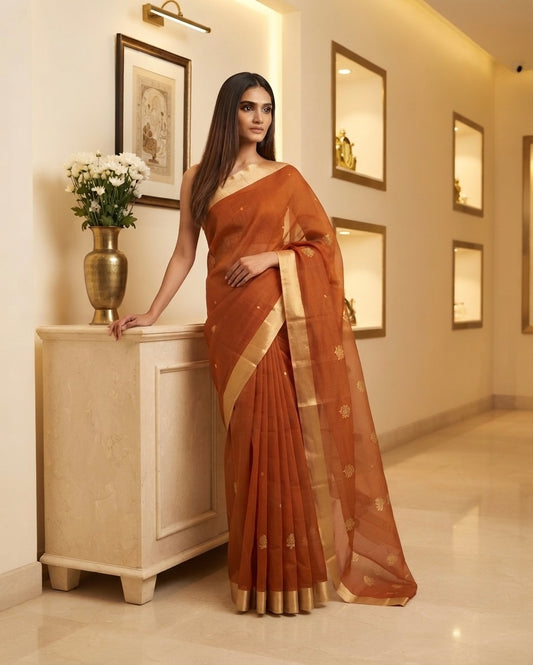 Rust Chanderi Silk by Cotton Saree
