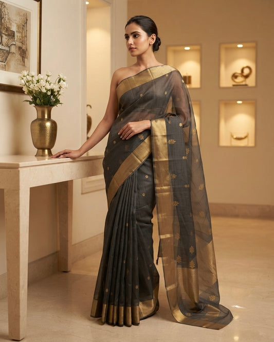Chanderi Mercerised Silk Grey Saree