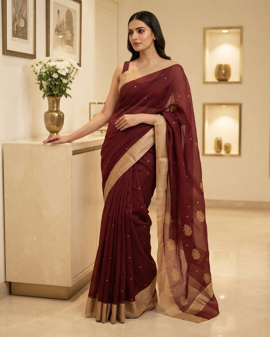 Maroon Chanderi Silk by Cotton Saree