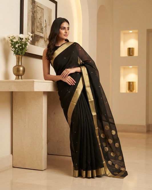 Black Chanderi Silk by Cotton Saree