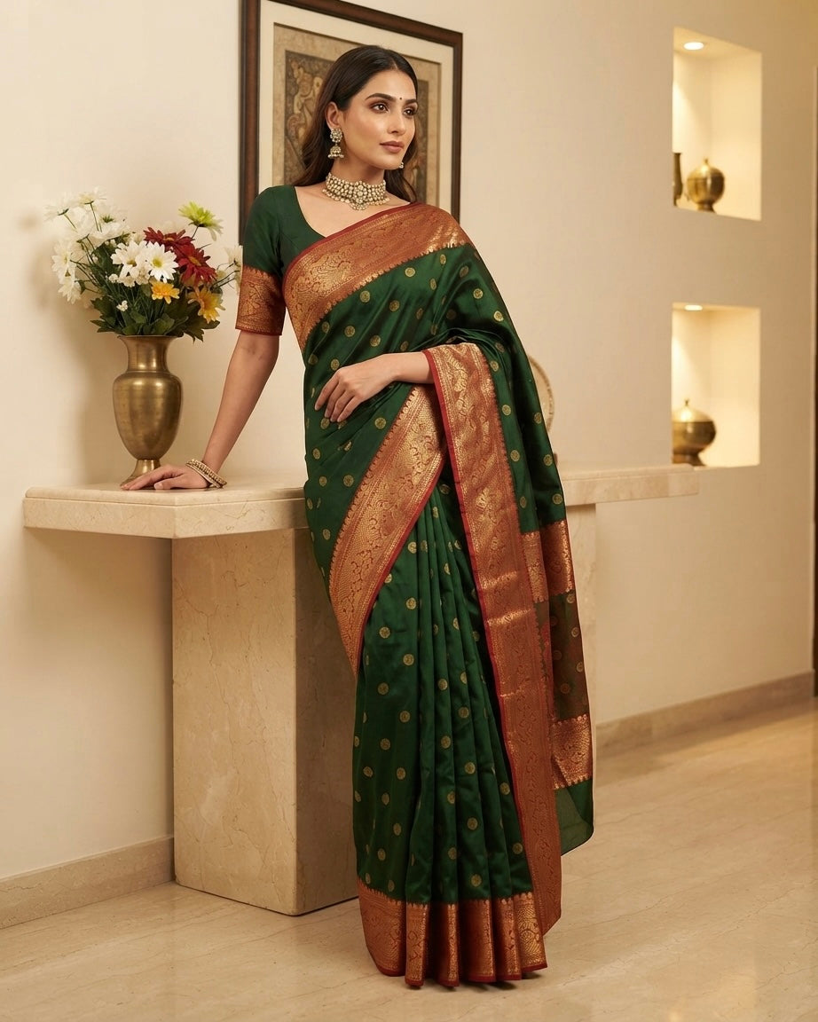 Chanderi Pure Silk Bottle Green Paithani Border Saree
