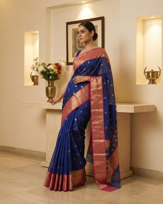 Chanderi Royal Blue with Pink Silk Saree