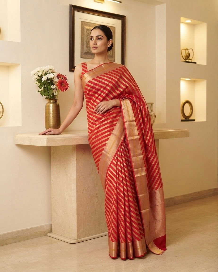 Chanderi Red Stripes Pure Silk Saree