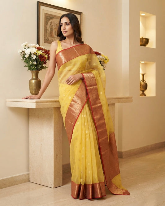 Chanderi Haldi Yellow with Red Silk Saree
